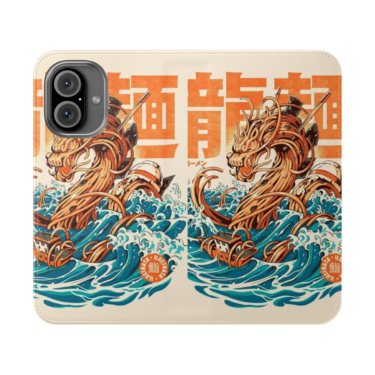 Flip cover phone case featuring a ramen dragon inspired by the famous Japanese art of Hokusai's "The Great Wave off Kanagawa"