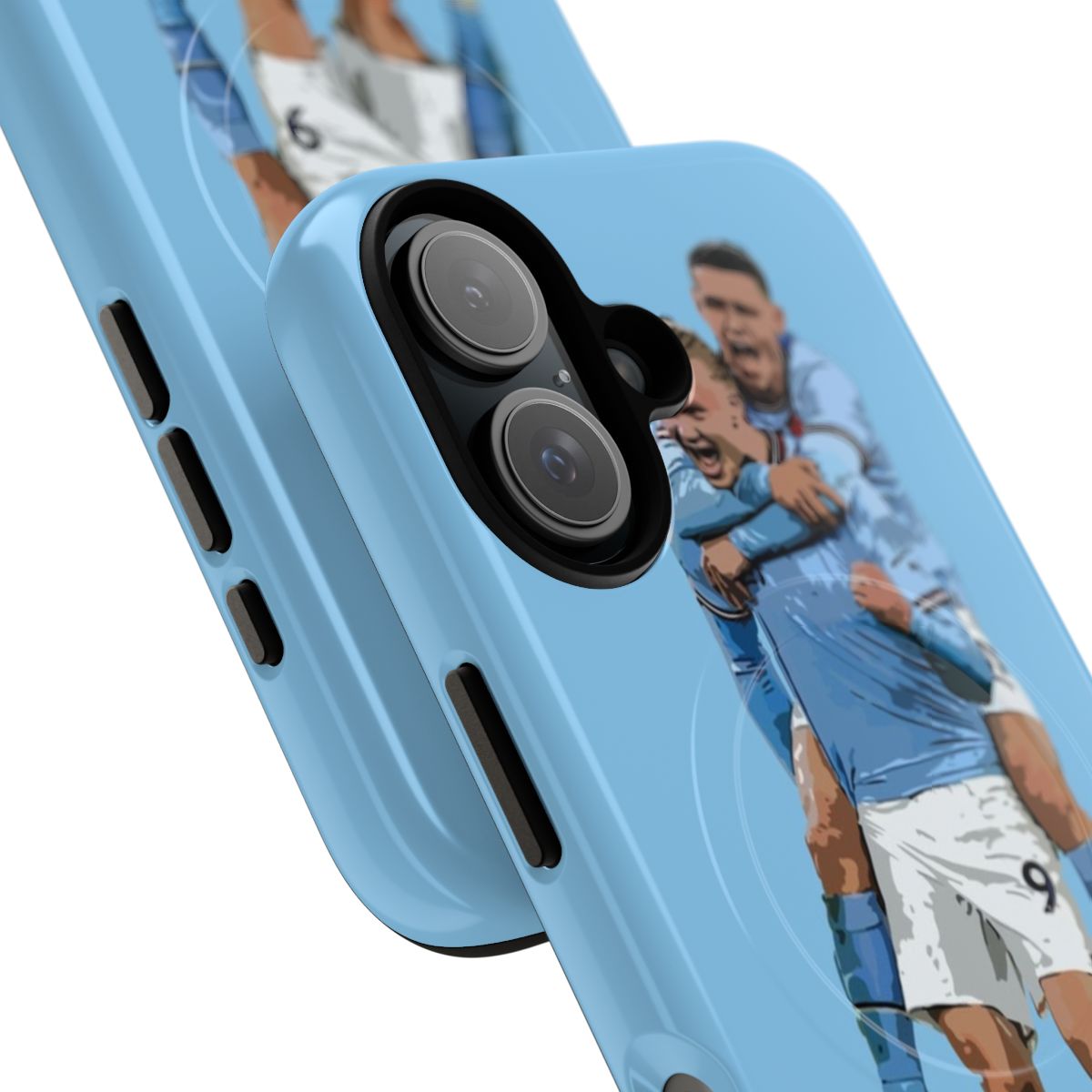 Magnetic tough phone case featuring images of Manchester City players Erling Haaland and Phil Foden - Detail