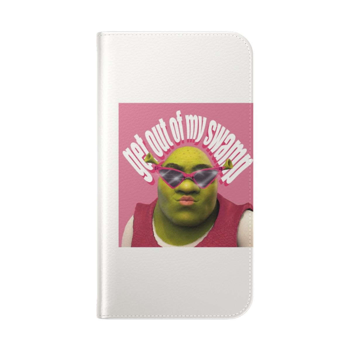 Shrek-inspired pink flip cover phone case with "Get Out of My Swamp" sticker - Folded Back