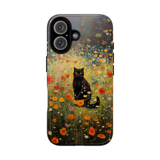 Magnetic phone case with a vintage-inspired design featuring a black cat in a garden of flowers, inspired by the art of Gustav Klimt.