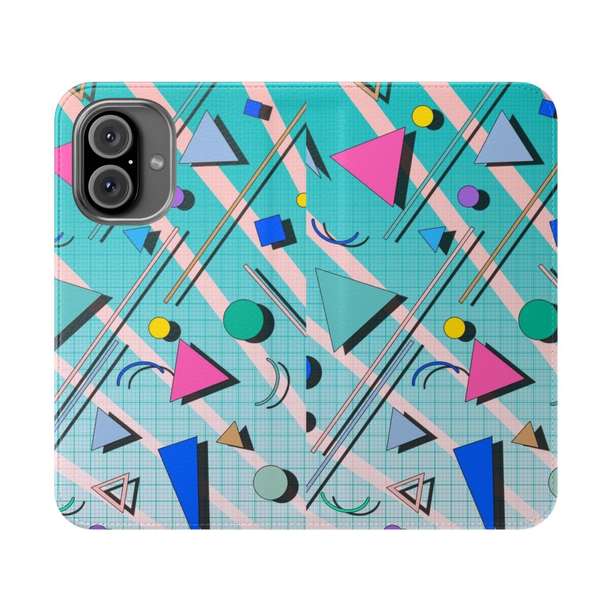 Vibrant retro 80s inspired phone case with abstract memphis-style pattern and neon colors