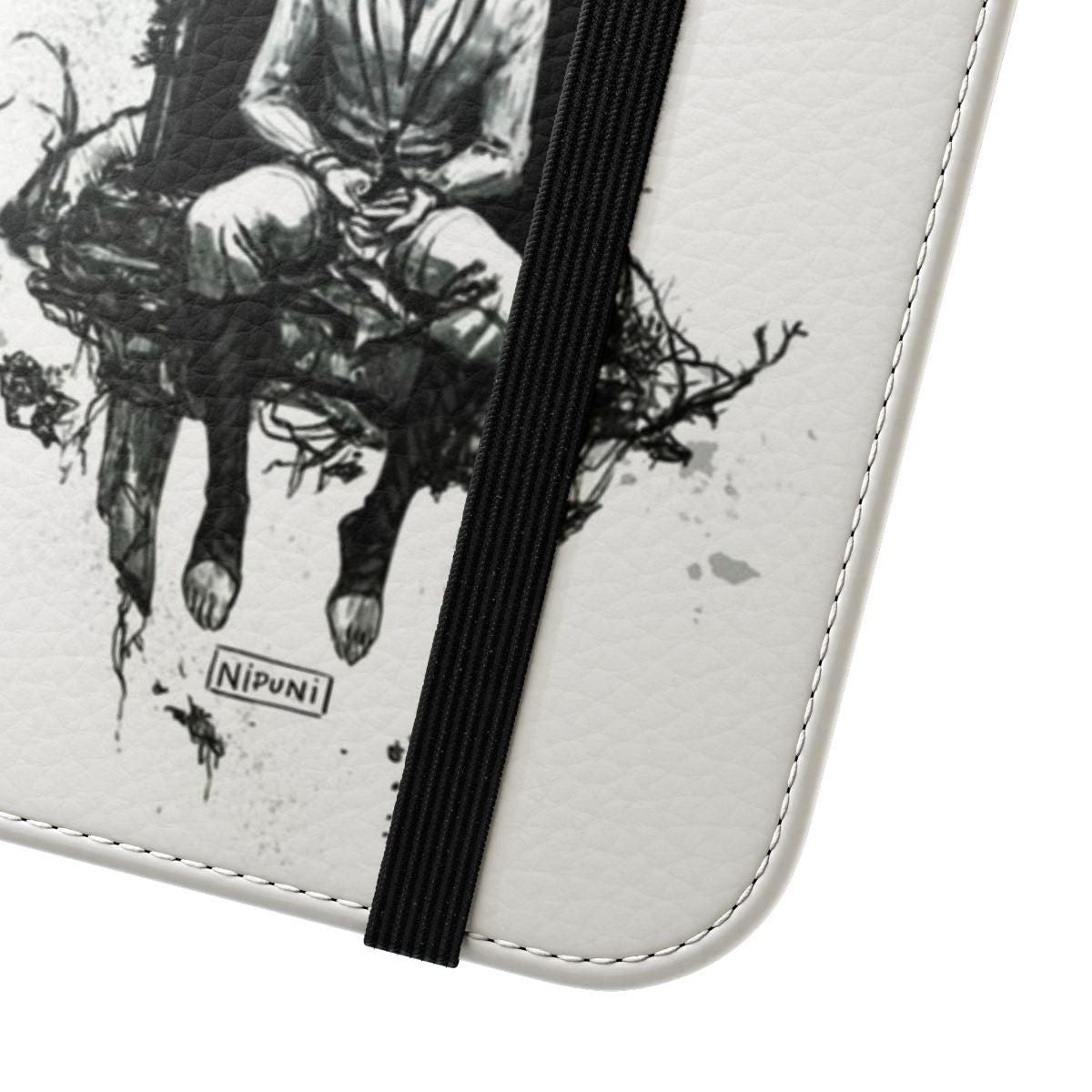 Monochrome phone case with fantasy elf and dread wolf design - Close Up