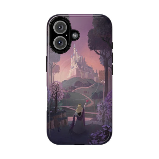 A pastel-colored phone case featuring a fairytale forest and dreaming woman, inspired by the Disney film "Sleeping Beauty."