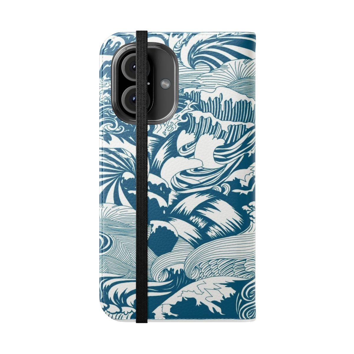 A blue and turquoise phone case with a dynamic wave pattern, evoking the beauty of the ocean. - Folded Front