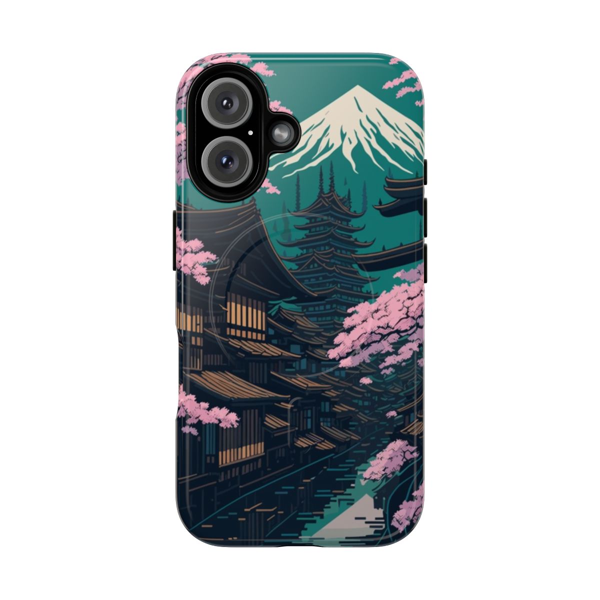 Magnetic phone case with a Japanese town-inspired anime art design