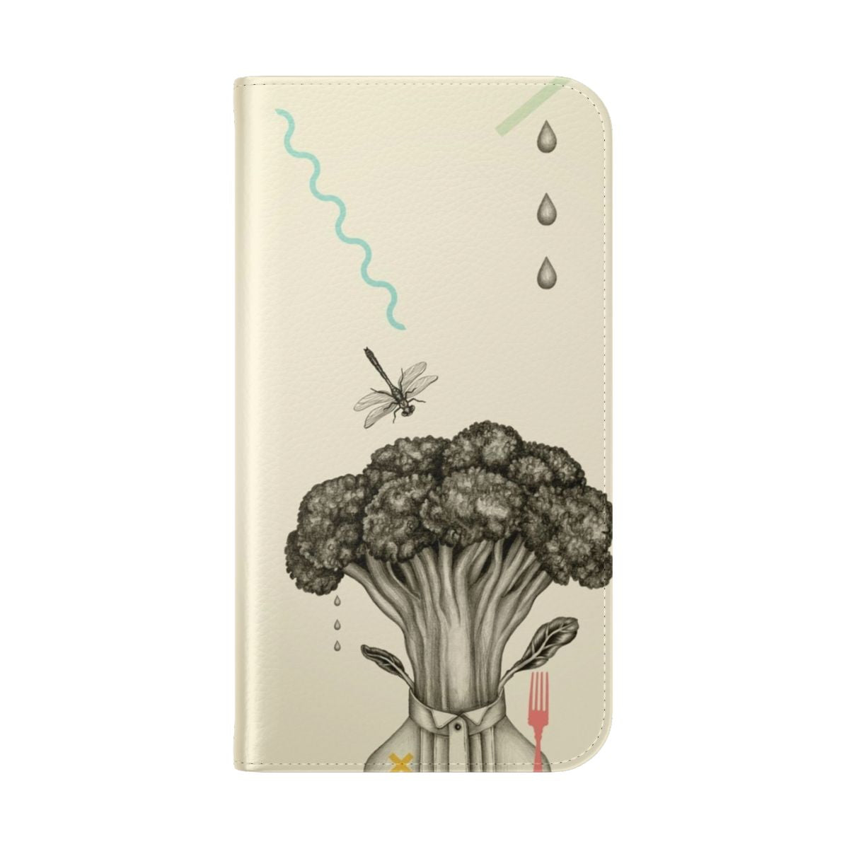 Broccoli-themed flip phone case with fork, dragonfly, portrait, and pencil design - Folded Back