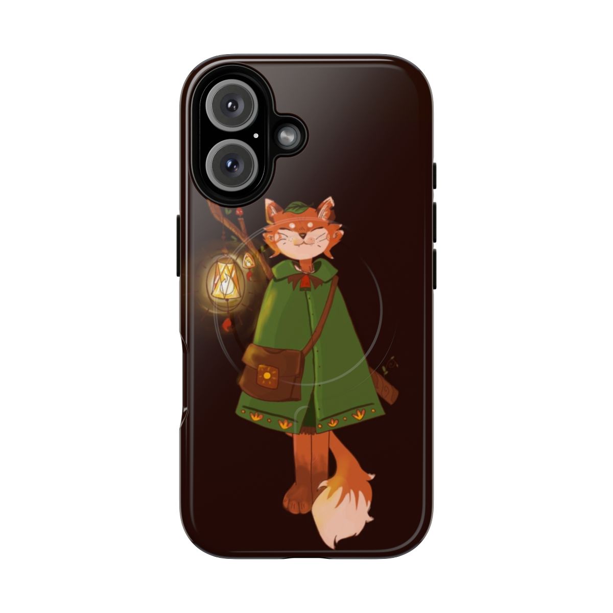 A digital illustration of an adventurous red fox character in a woodland setting, featured on a magnetic phone case.