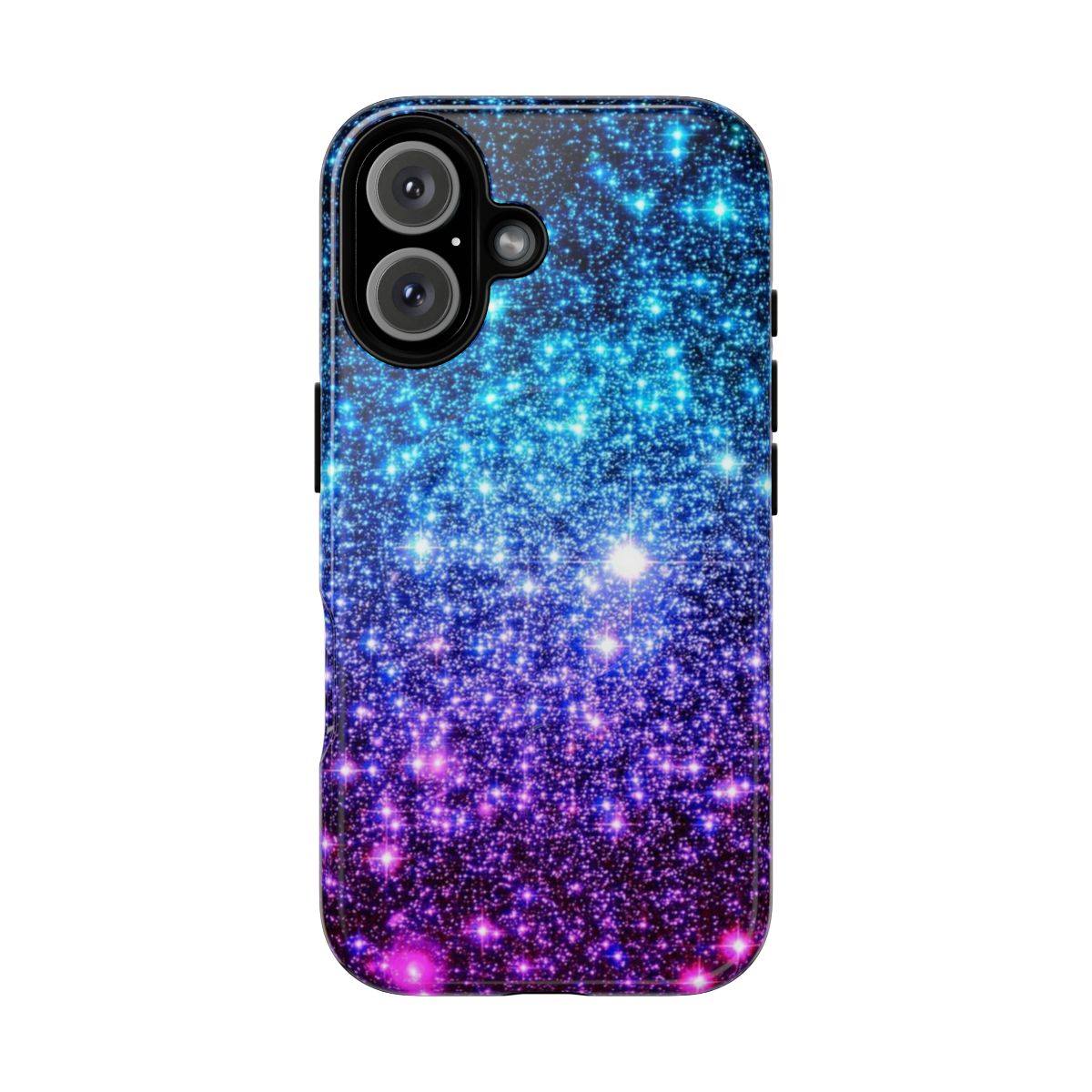 Vibrant galaxy-themed phone case with sparkles, stars, and a magnetic closure