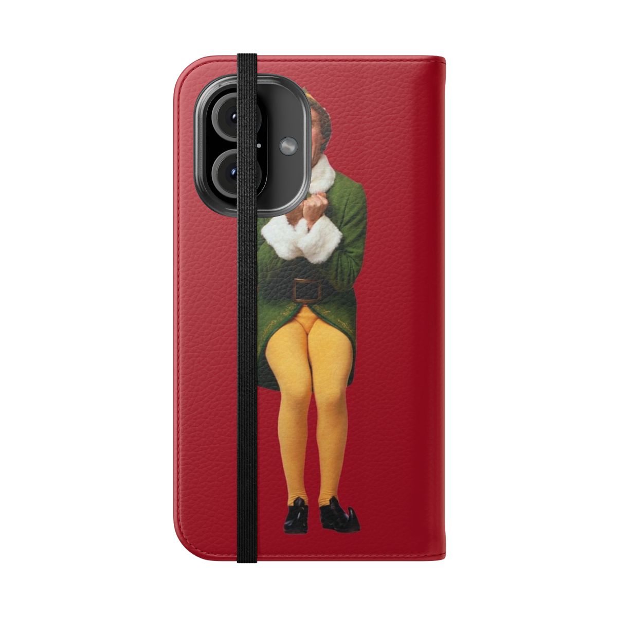 Flip cover phone case with "Buddy the Elf" inspired design and festive elements like Santa, candy canes, and "I know him!" - Folded Front