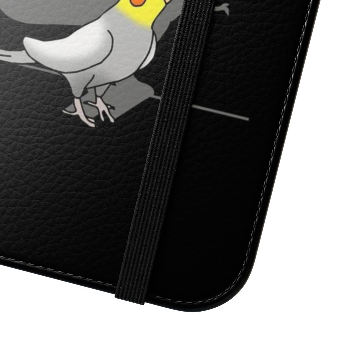 Dinosaur shadow silhouette with a cute cockatiel or parrot bird perched on it, creating a humorous and eye-catching phone case design. - Close Up