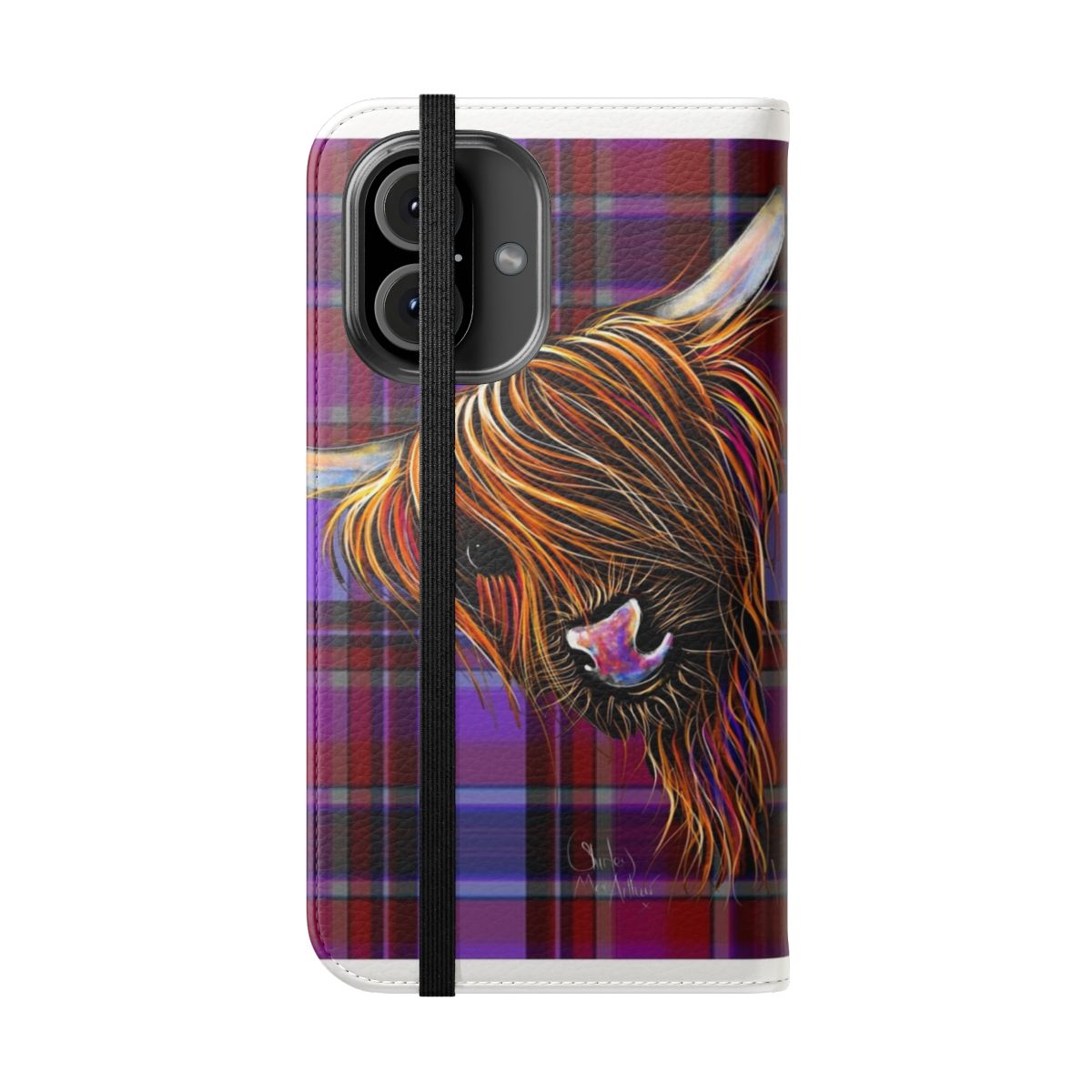 A colorful phone case featuring a friendly highland cow in a traditional tartan pattern - Folded Front