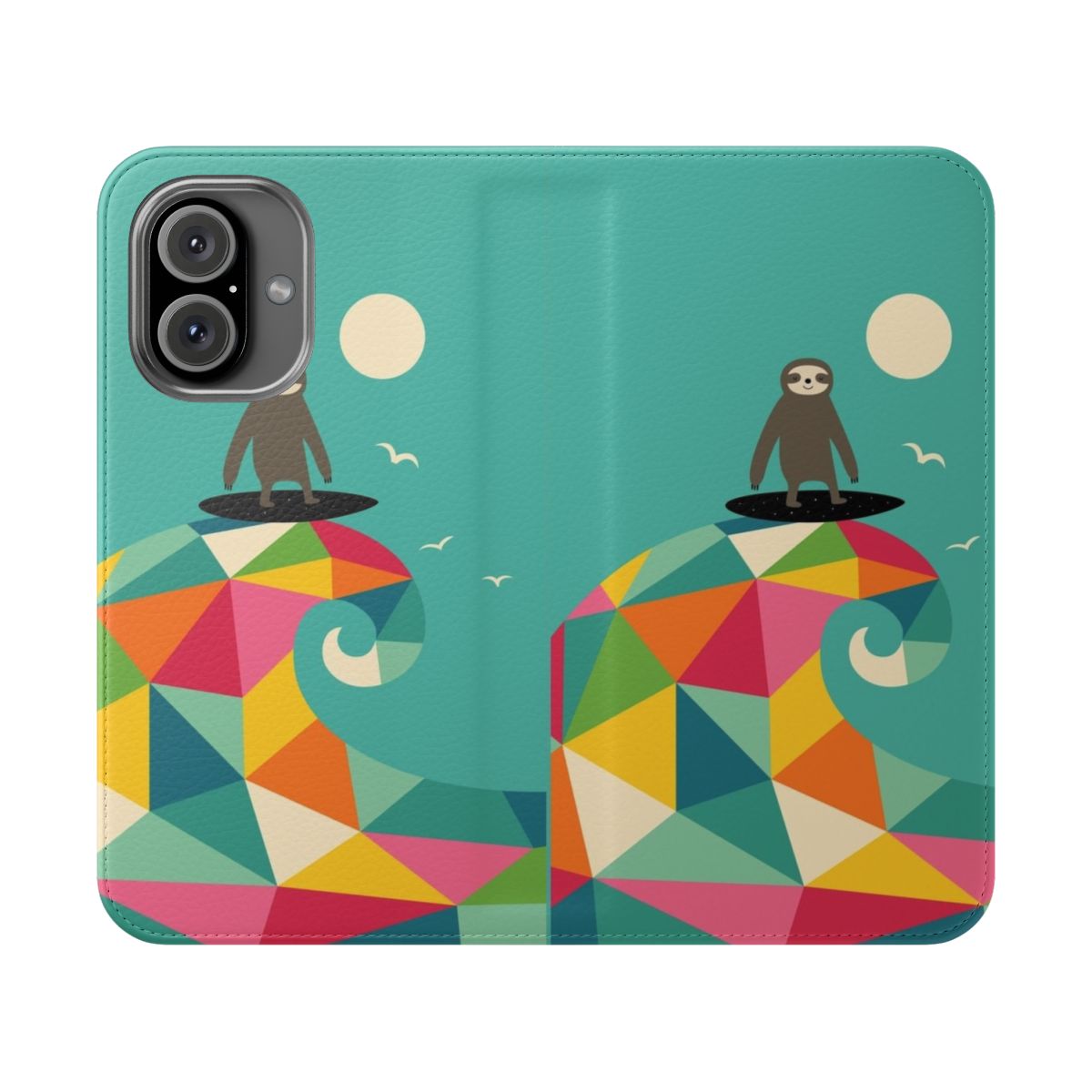 Colorful geometric phone case design featuring a sloth surfing a wave