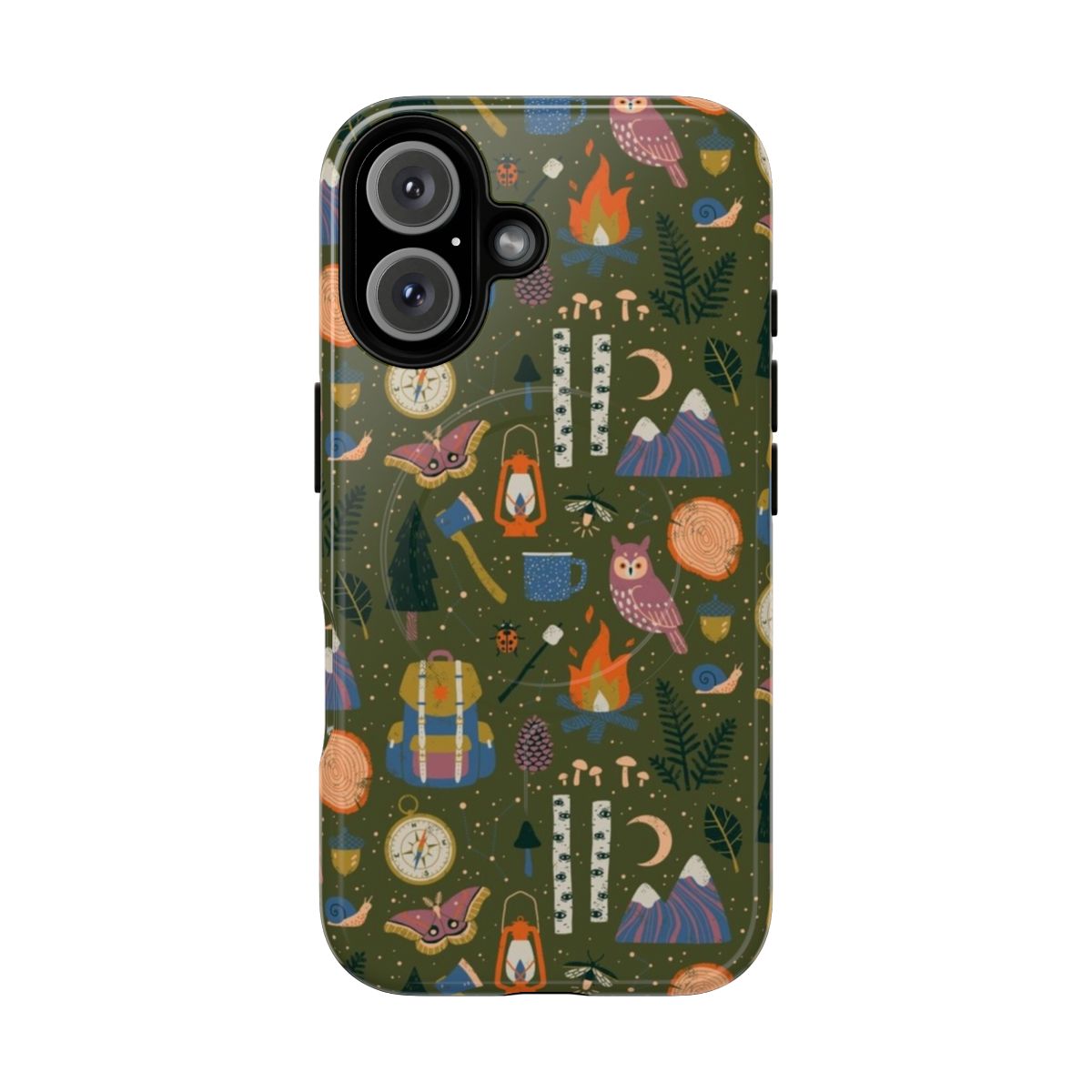 Magnetic phone case with a forest, campfire, and nocturnal wildlife design