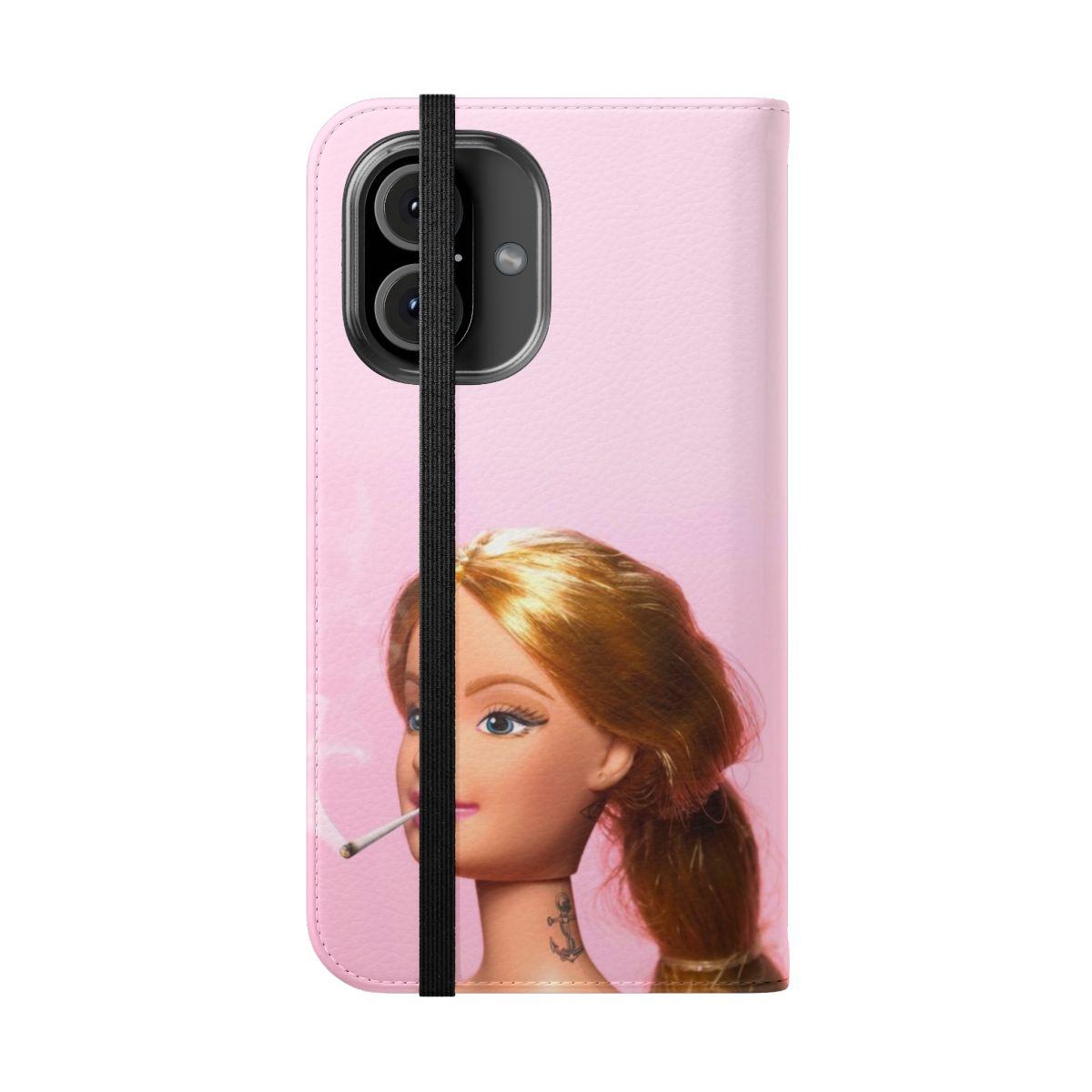 A flip cover phone case with a minimalist doll-inspired design, featuring a surreal, contemporary pop art style. - Folded Front