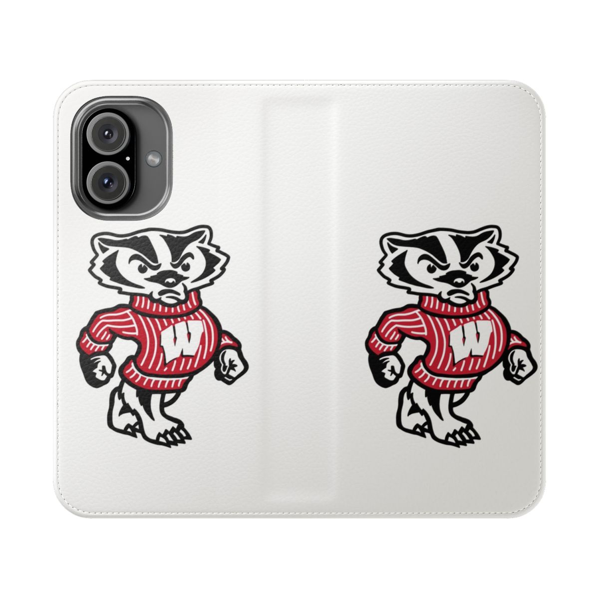 Red and white Bucky Badger logo on a flip phone case