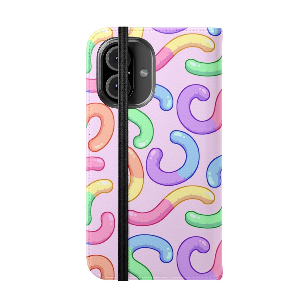 Pastel-colored phone case with a cute gummy worm pattern design - Folded Front