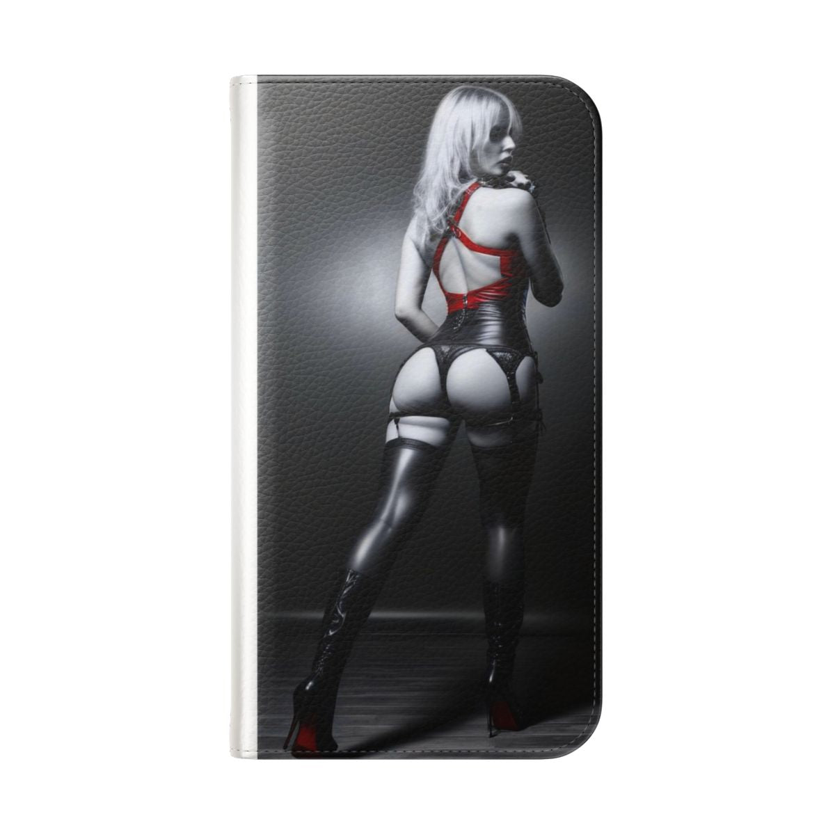 Stylish phone case featuring an attractive, sensual woman in black, white, and red - Folded Back