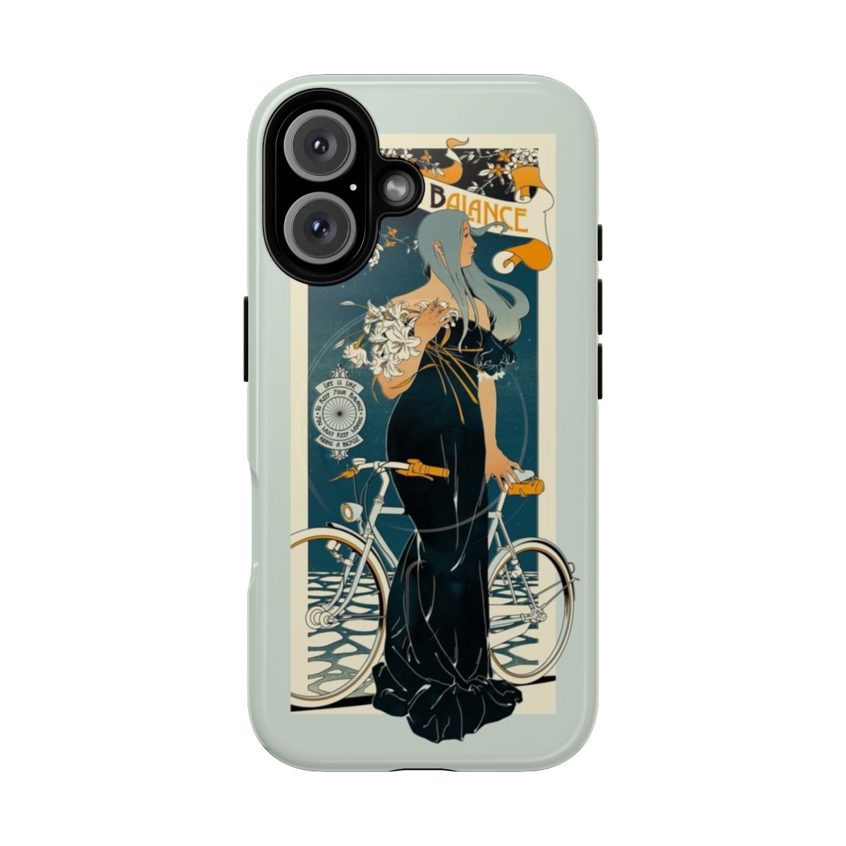 Vintage-inspired magnetic tough phone case with retro balance design featuring a woman on a bicycle and an Einstein quote