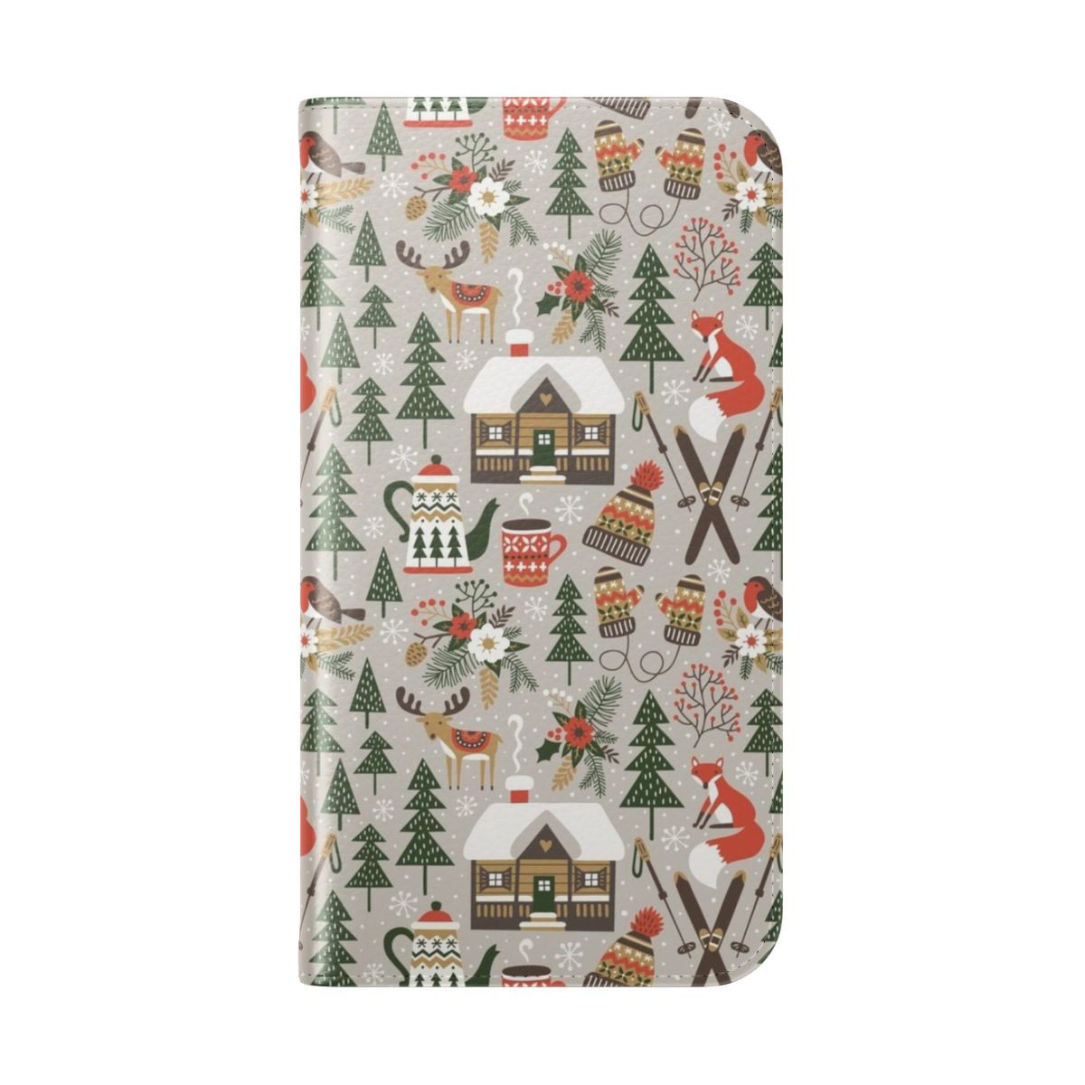 Cozy cabin-themed phone case with a light grey flip cover design featuring woodland animals, snow, and floral patterns. - Folded Back