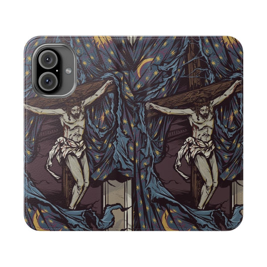 Flip cover phone case featuring a striking illustration of the Tearing of the Temple Veil, a powerful Christian symbol.