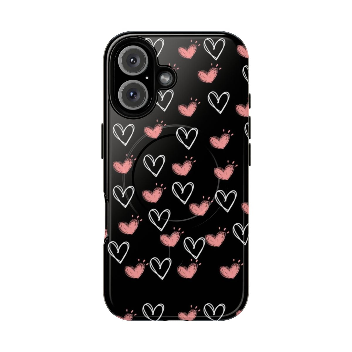 Waves of pink and black hearts graphic design on a tough, magnetic phone case