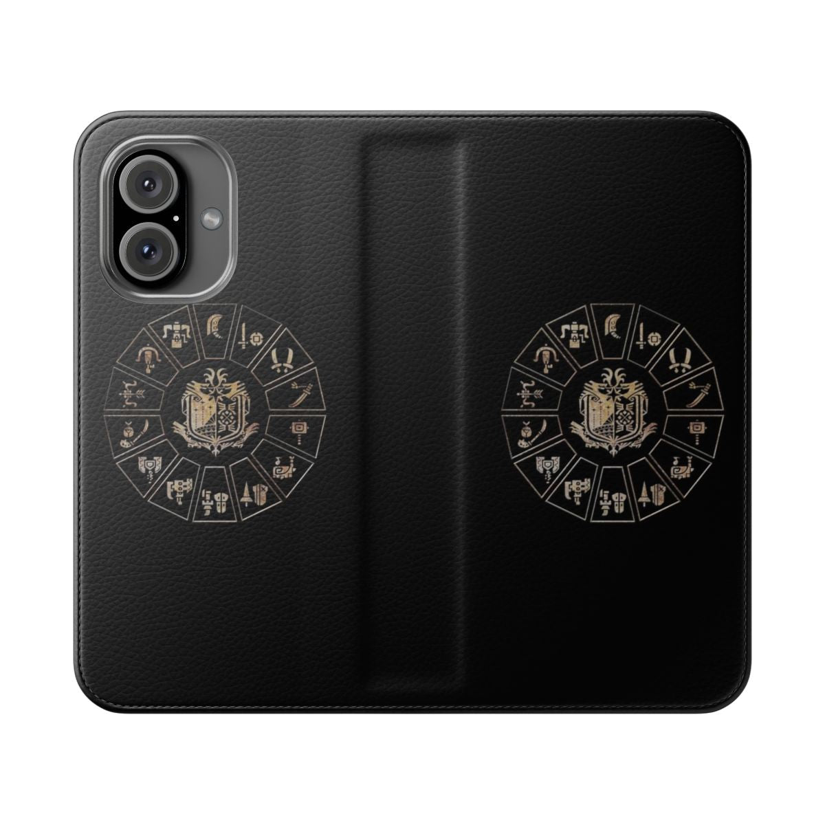 Monster Hunter-themed flip cover phone case with weapon wheel design