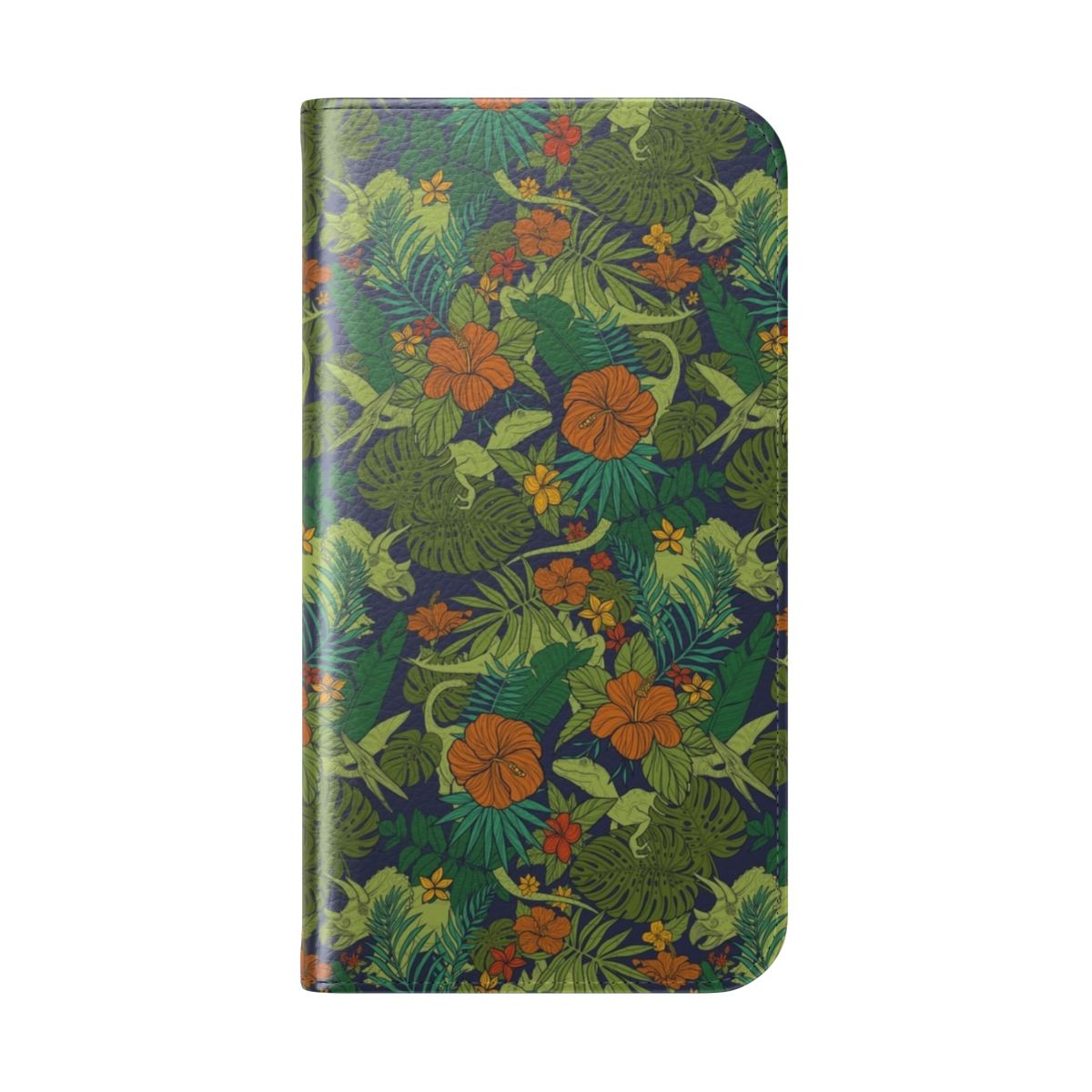 Vibrant phone case cover featuring a pattern of hidden dinosaurs, tropical flowers, and lush leaves. - Folded Back