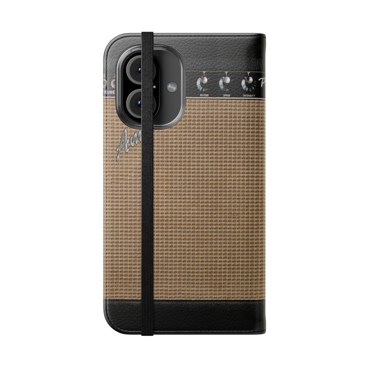 Flip cover phone case with a guitar amplifier design, great for musicians and guitar players. - Folded Front