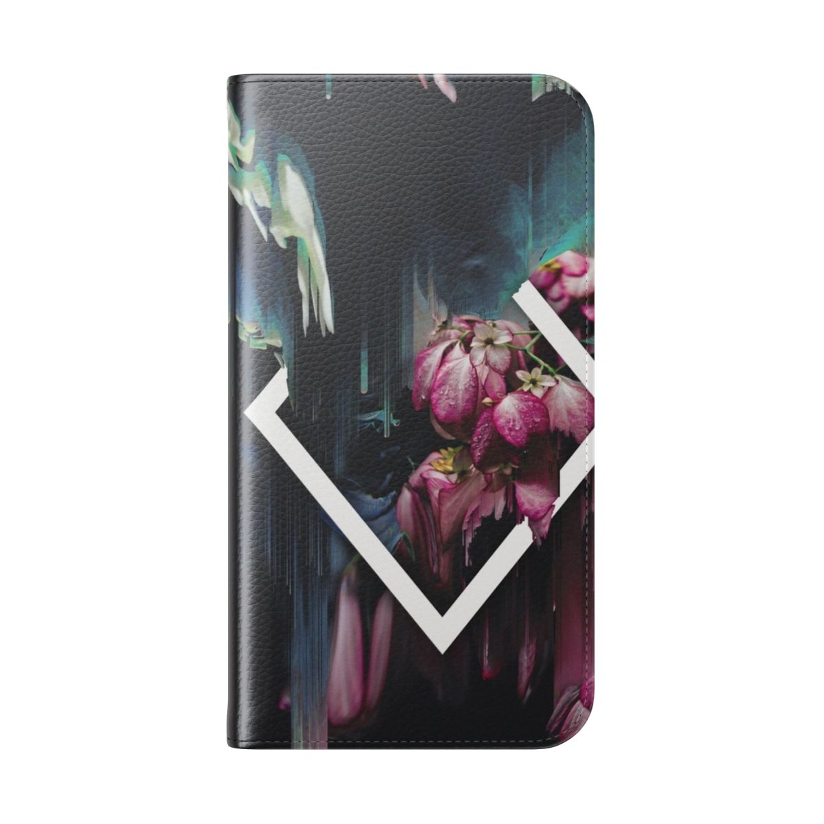 A modern, textured digital phone case featuring an abstract floral design in shades of pink and purple. - Folded Back