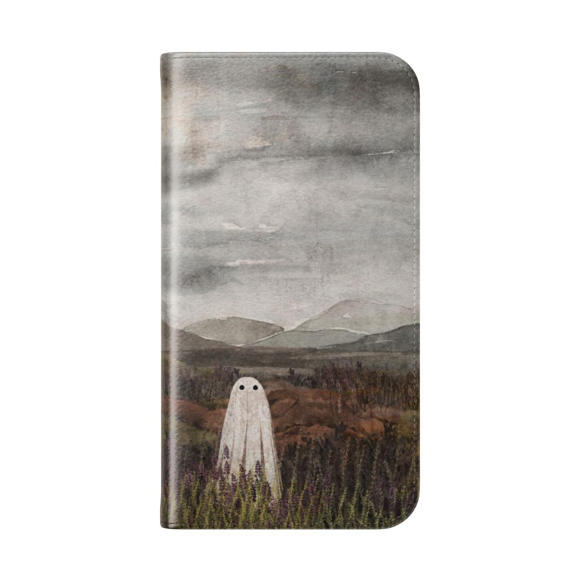 Watercolor painting of misty Scottish highlands with heather flowers and a ghostly spirit - Folded Back