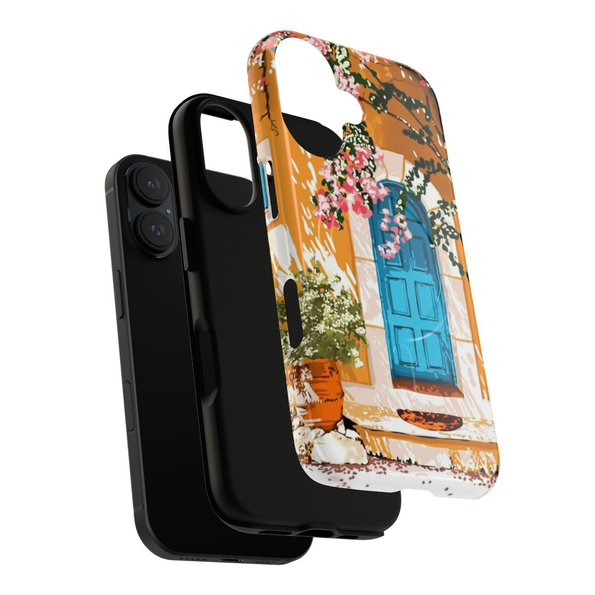 Boho summer travel phone case featuring spanish villa architecture and bougainvillea flowers - Layers