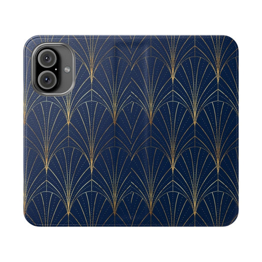 Elegant navy blue phone case with an art deco waterfall pattern in gold foil