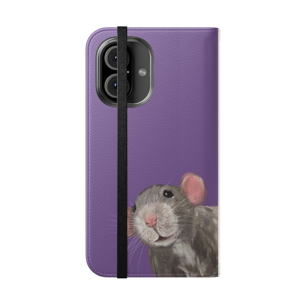 Purple flip cover phone case with a cute portrait of a pet rat or dumbo rat. - Folded Front