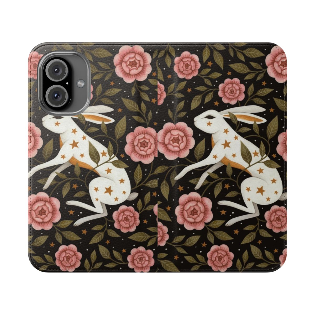 Enchanted whimsical phone case with rabbit, flowers, and starry designs