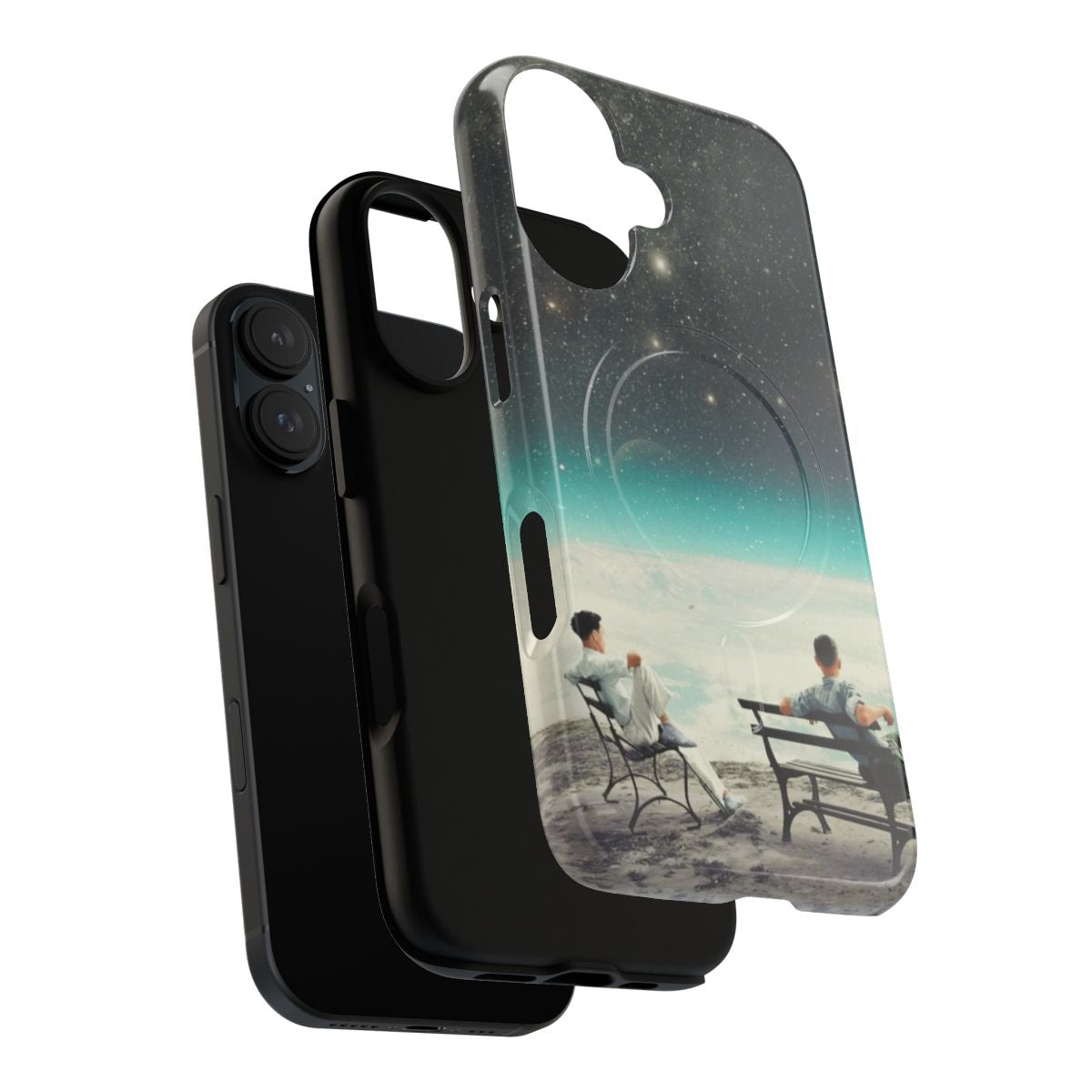 Vintage collage digital phone case featuring a minimalist surreal landscape with stars, earth, and silhouetted figures - Layers