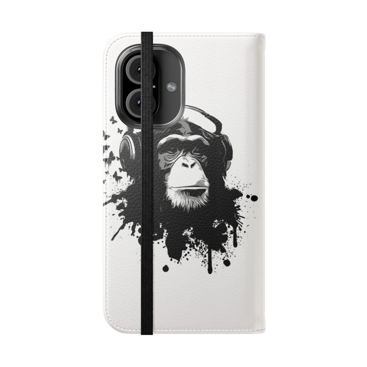 Colorful flip phone case featuring a playful monkey design with splashes of paint and butterflies. - Folded Front