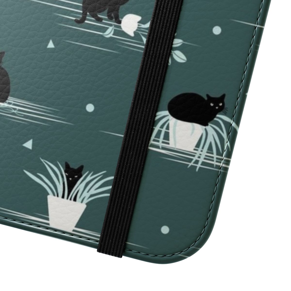 Green and black phone case with a cartoon black cat pattern, perfect for cat owners and enthusiasts. - Close Up