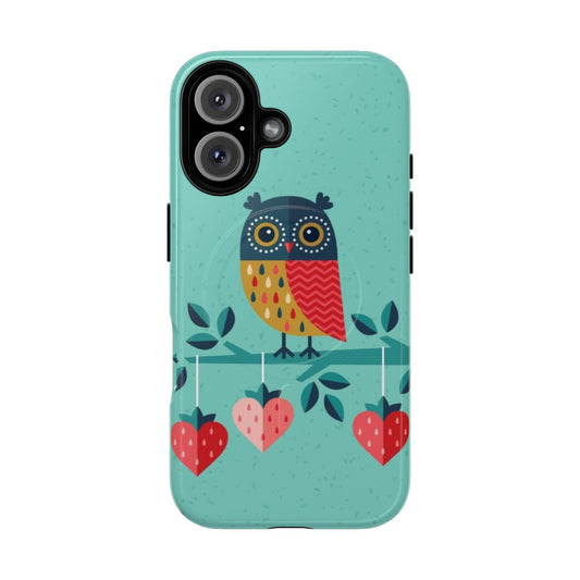 Colorful and whimsical phone case featuring an owl design with strawberry hearts