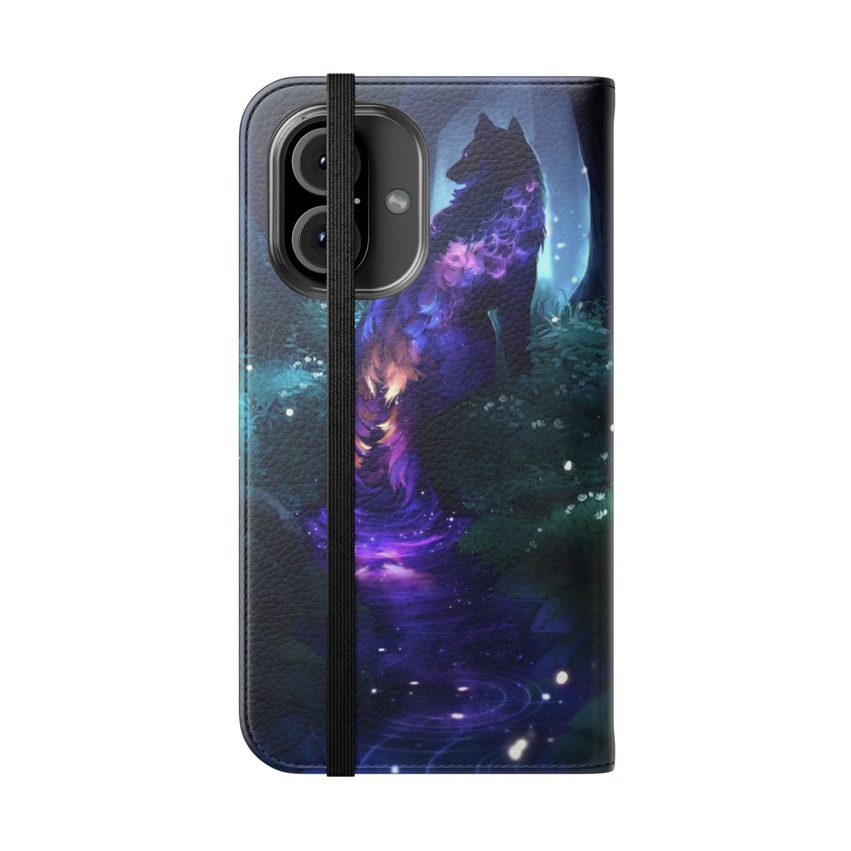 Luminous flip cover phone case with mystical galaxy and animal design - Folded Front