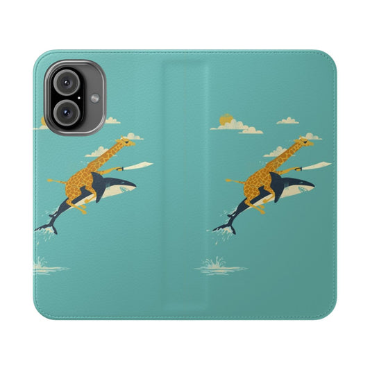 "Safari-themed flip cover phone case for smartphone with giraffe, shark, and eyepatch design"