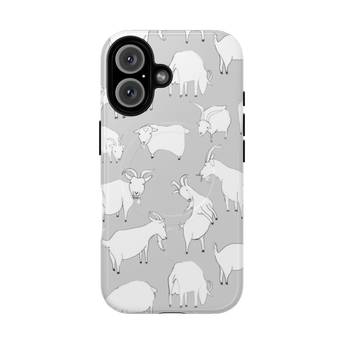 Magnetic phone case featuring a grey pattern with cute goats playing