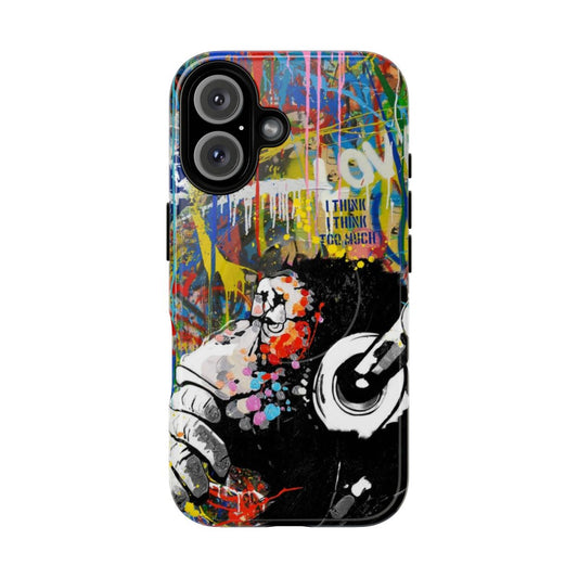 Vibrant Banksy-style pop art design featuring a monkey in a thoughtful pose on a durable phone case.