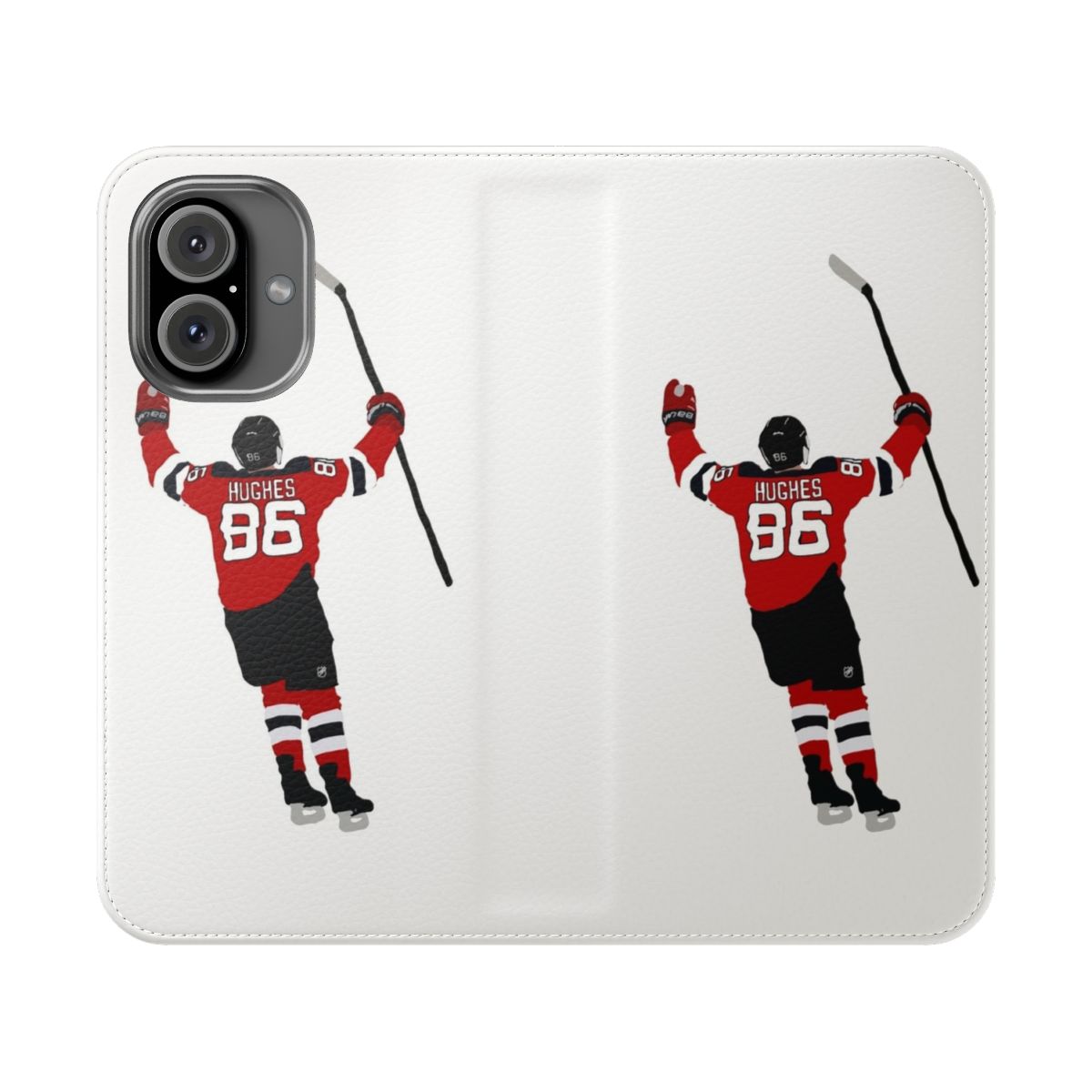 Hockey inspired phone case cover with the New Jersey Devils logo and player name "Jack Hughes"