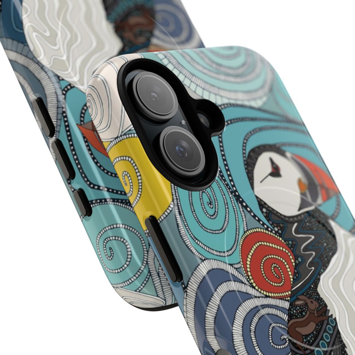 A vibrant phone case featuring a puffin bird in a coastal Cornwall design by artist Sharon Turner. - Detail