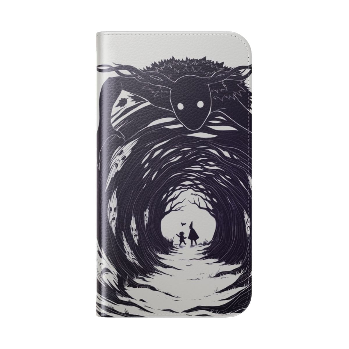 Flip cover phone case featuring an illustration inspired by the TV series Over the Garden Wall, with trees, leaves, and a dark, mysterious forest scene. - Folded Back