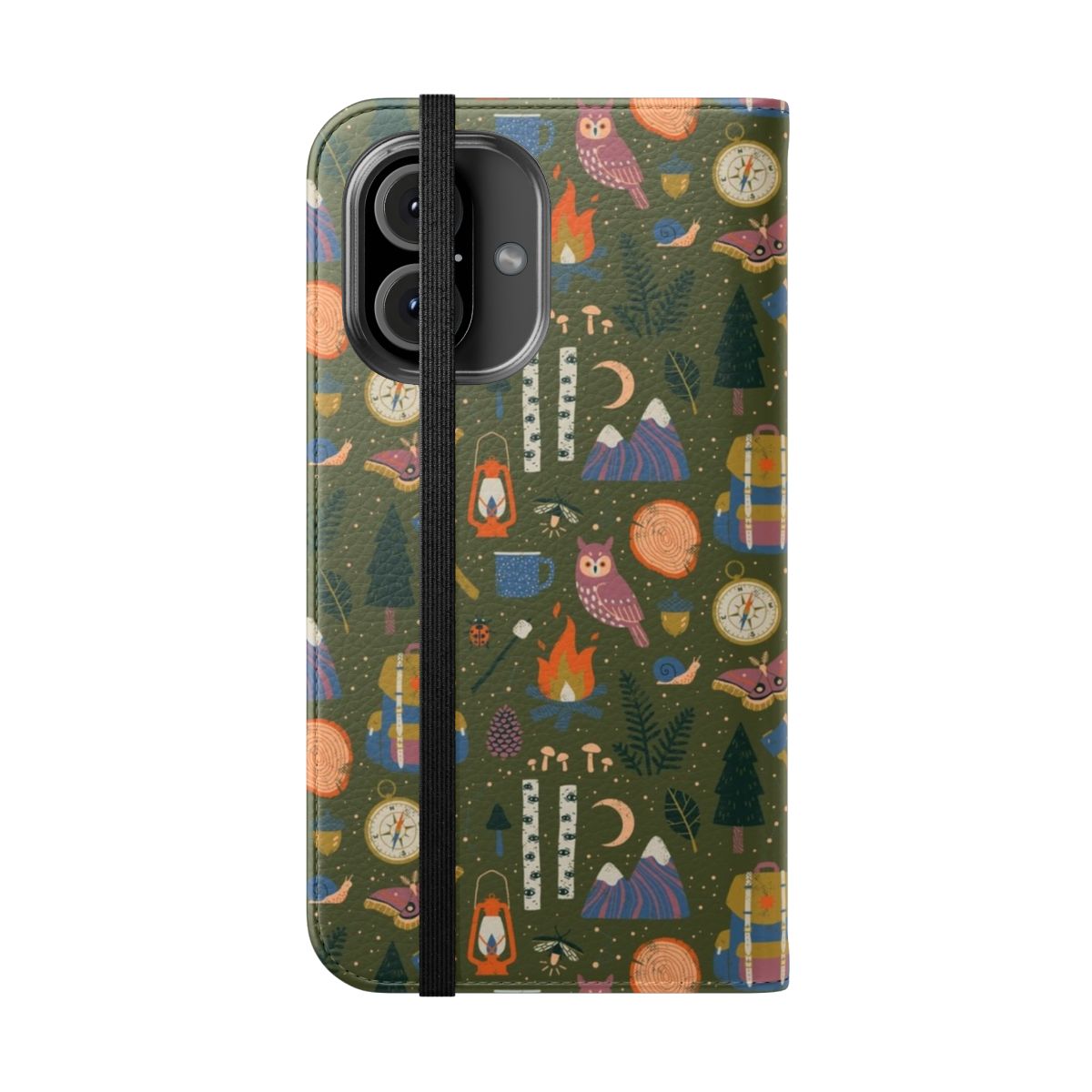 Flip cover phone case with a whimsical forest pattern featuring owls, campfires, and other nature elements. - Folded Front