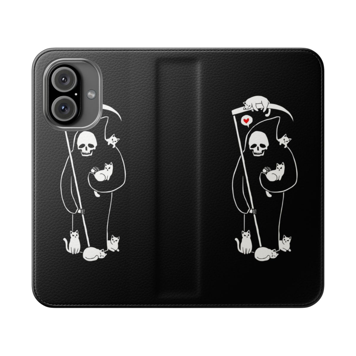 A black and white cat phone case cover with a grim reaper and skull design, perfect for gothic and horror fans.