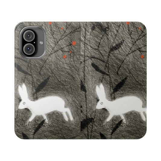 Hare-themed flip cover phone case in a natural, botanical design