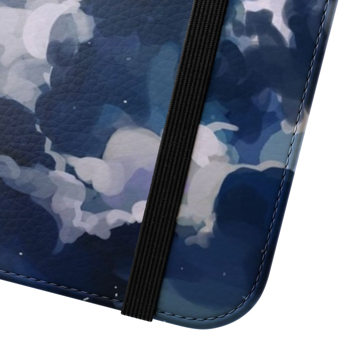 Flip cover phone case with a scenic landscape design featuring blue skies and clouds - Close Up