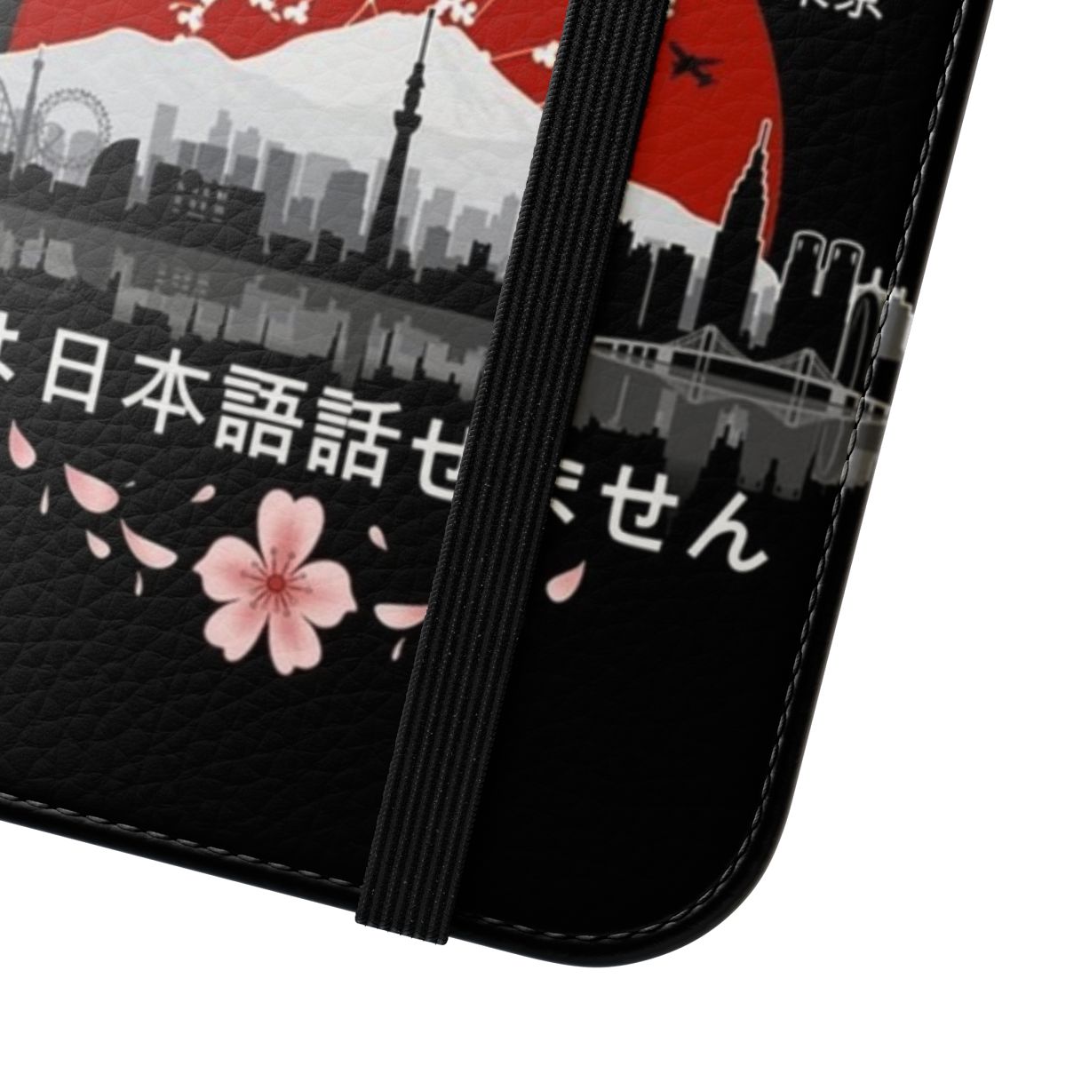 Flip cover phone case with Japanese-inspired design and "I don't speak Japanese" joke - Close Up